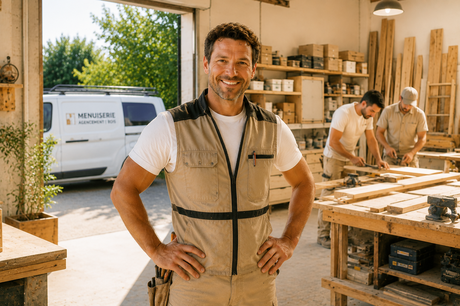 Menuisier souriant dans son atelier avec son équipe au travail