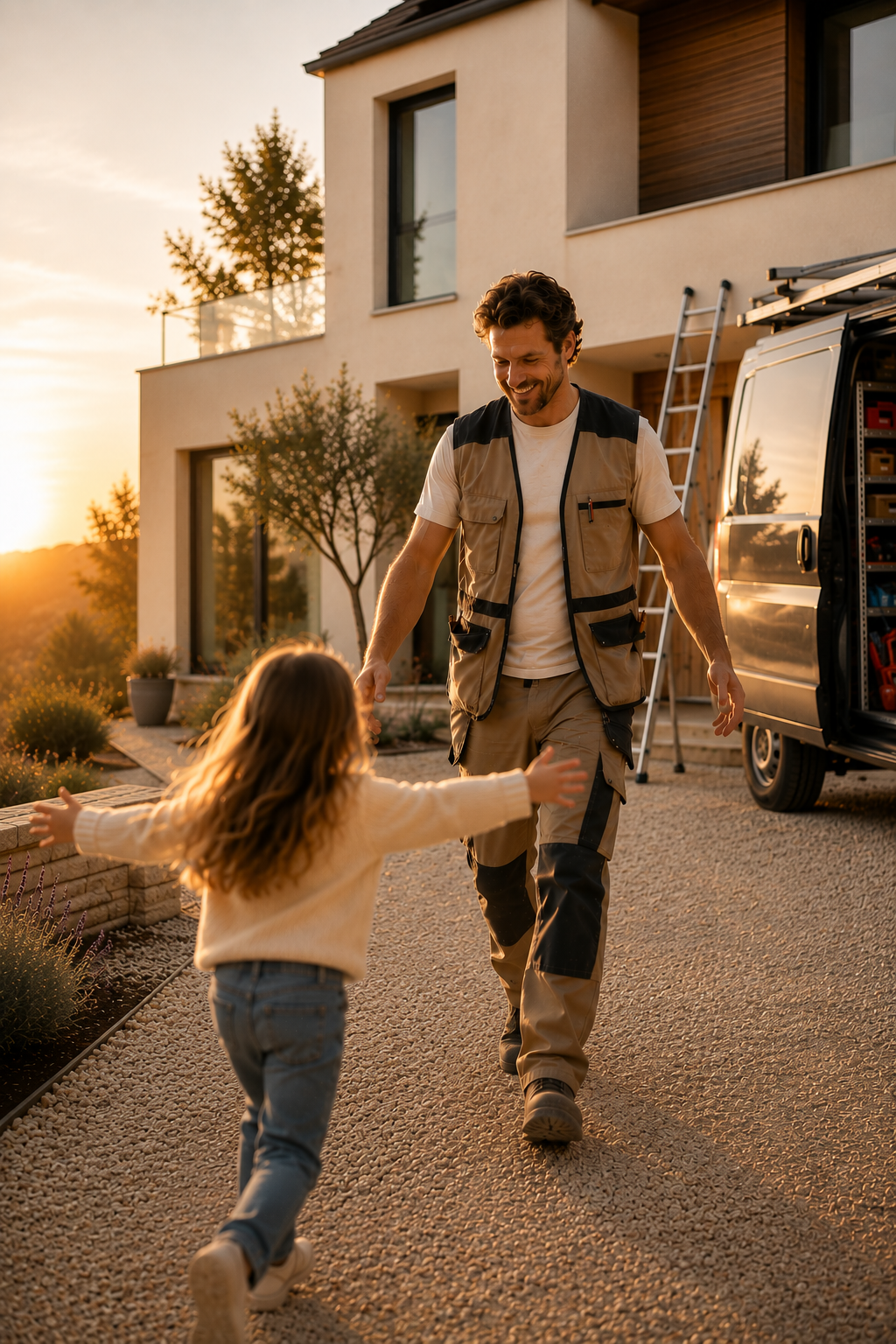 Artisan rentrant de chantier au coucher du soleil, accueilli par sa fille devant sa maison