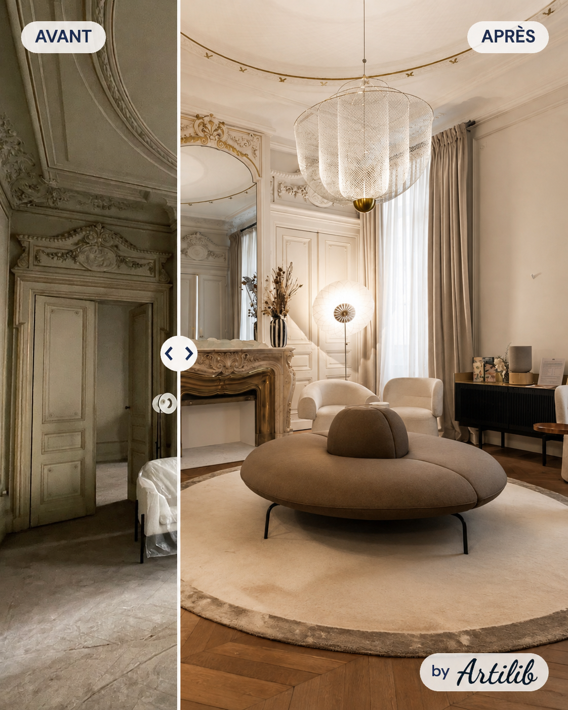 Montage avant / après d'un salon haussmannien rénové